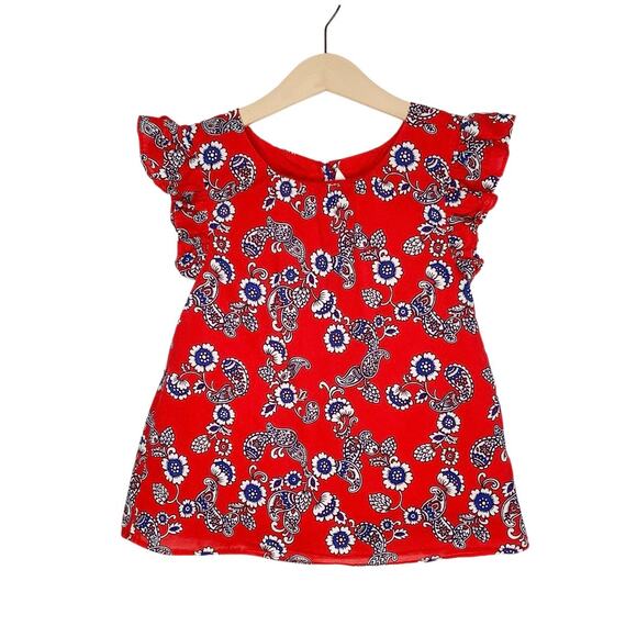 Janie and Jack Red Blue Floral Paisley Ruffle Shoulder Blouse Top 7 - Picture 1 of 7